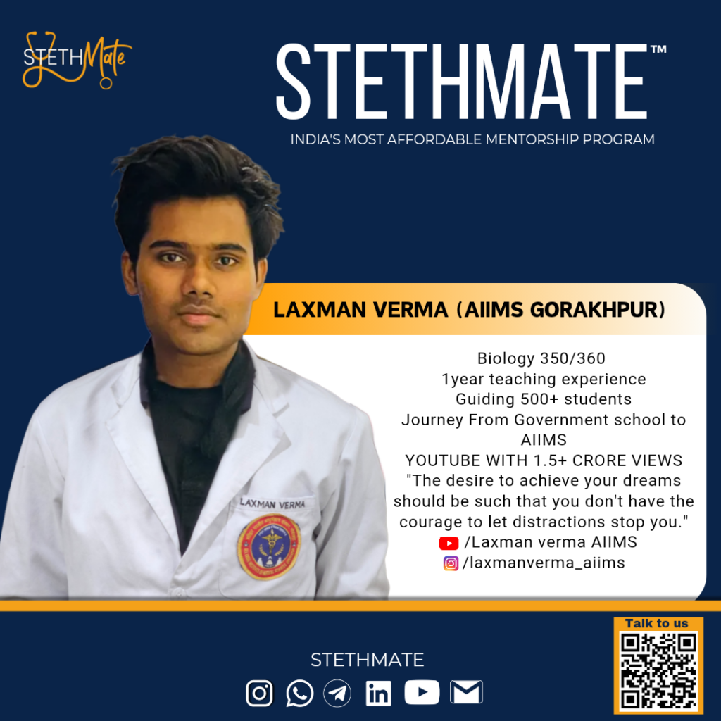 Laxman verma Biology 350/360 1year teaching experience Guiding 500+ students Journey From Government school to AIIMS YOUTUBE WITH 1.5+ CRORE VIEWS "The desire to achieve your dreams should be such that you don't have the courage to let distractions stop you." /Laxman verma AIIMS /laxmanverma_aiims