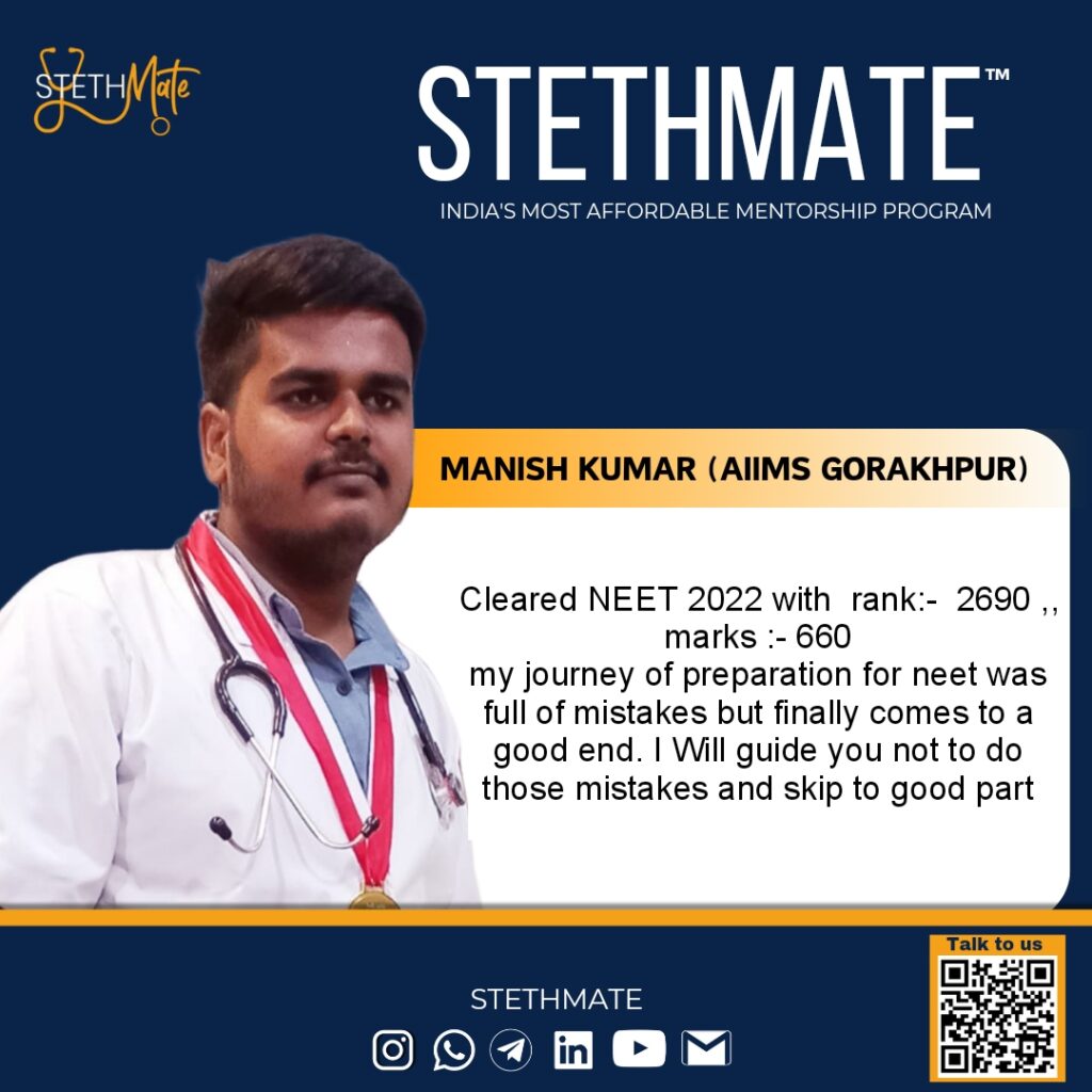 MANISH KUMAR (AIIMS GORAKHPUR) AIR-2690 MARKS-660 Cleared neet in 3rd drop my score was as 188,, 472,, 563,, 660... my journey of neet was full of mistakes but finally comes to a good end,, I would love to guide you through right path as I have done earlier to many aspirants.