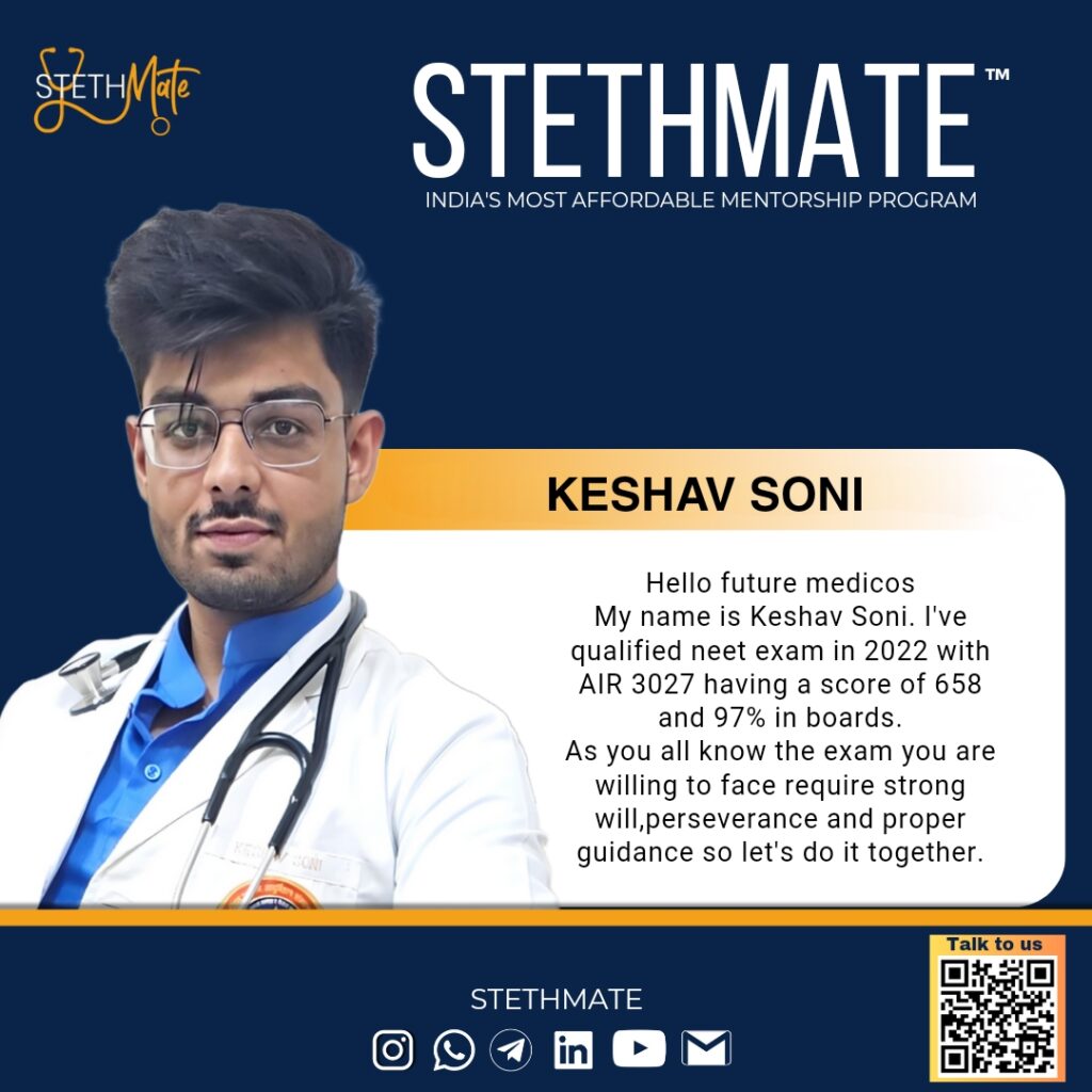 Keshav soni(AIIMS gorakhpur) Hello future medicos My name is Keshav Soni. I've qualified neet exam in 2022 with AIR 3027 having a score of 658 and 97% in boards. As you all know the exam you are willing to face require strong will, perseverance and proper guidance so let's do it together.