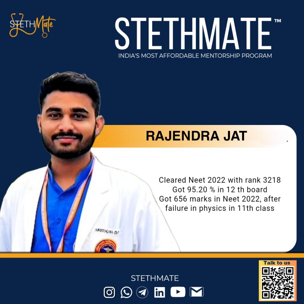 Rajendra Jat (AIIMS gorakhpur) Cleared Neet 2022 with rank 3218 Got 95.20% in 12 th board Got 656 marks in Neet 2022, after failure in physics in 11th class