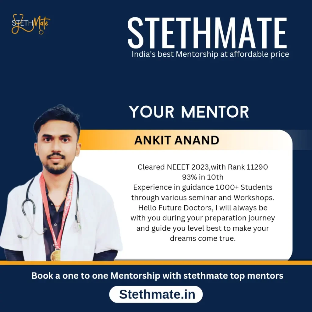 ANKIT ANAND Cleared NEEET 2023, with Rank 11290 93% in 10th Experience in guidance 1000+ Students through various seminar and Workshops. Hello Future Doctors, I will always be with you during your preparation journey and guide you level best to make your dreams come true.