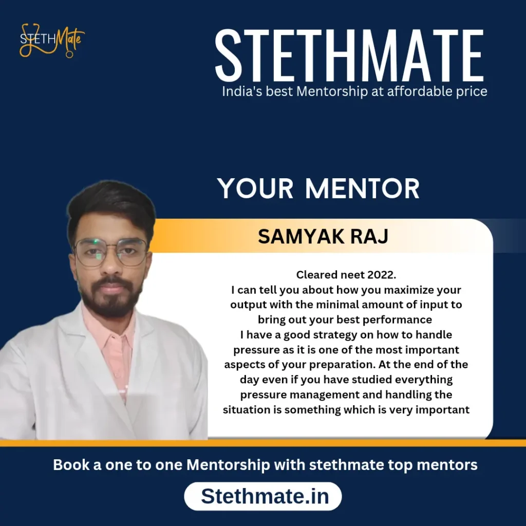 SAMYAK RAJ Cleared neet 2022. I can tell you about how you maximize your output with the minimal amount of input to bring out your best performance I have a good strategy on how to handle pressure as it is one of the most important aspects of your preparation. At the end of the day even if you have studied everything pressure management and handling the situation is something which is very important