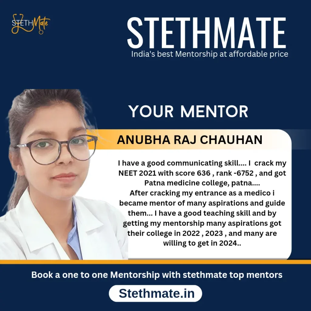 ANUBHA RAJ CHAUHAN I have a good communicating skill.... I crack my NEET 2021 with score 636, rank-6752, and got Patna medicine college, patna.... After cracking my entrance as a medico i became mentor of many aspirations and guide them... I have a good teaching skill and by getting my mentorship many aspirations got their college in 2022, 2023, and many are willing to get in 2024..